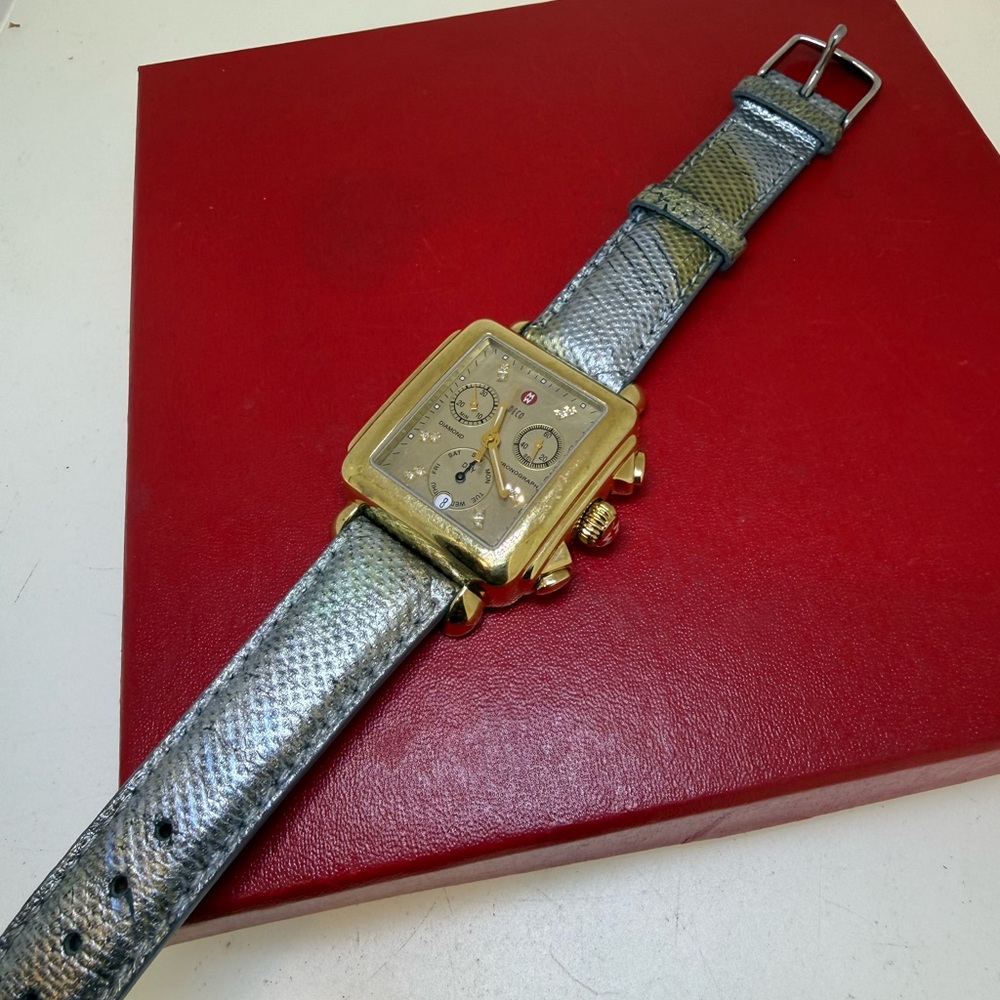 Authentic Michele Deco Rare Gold Diamond Dial Chronograph Gold Tone Watch